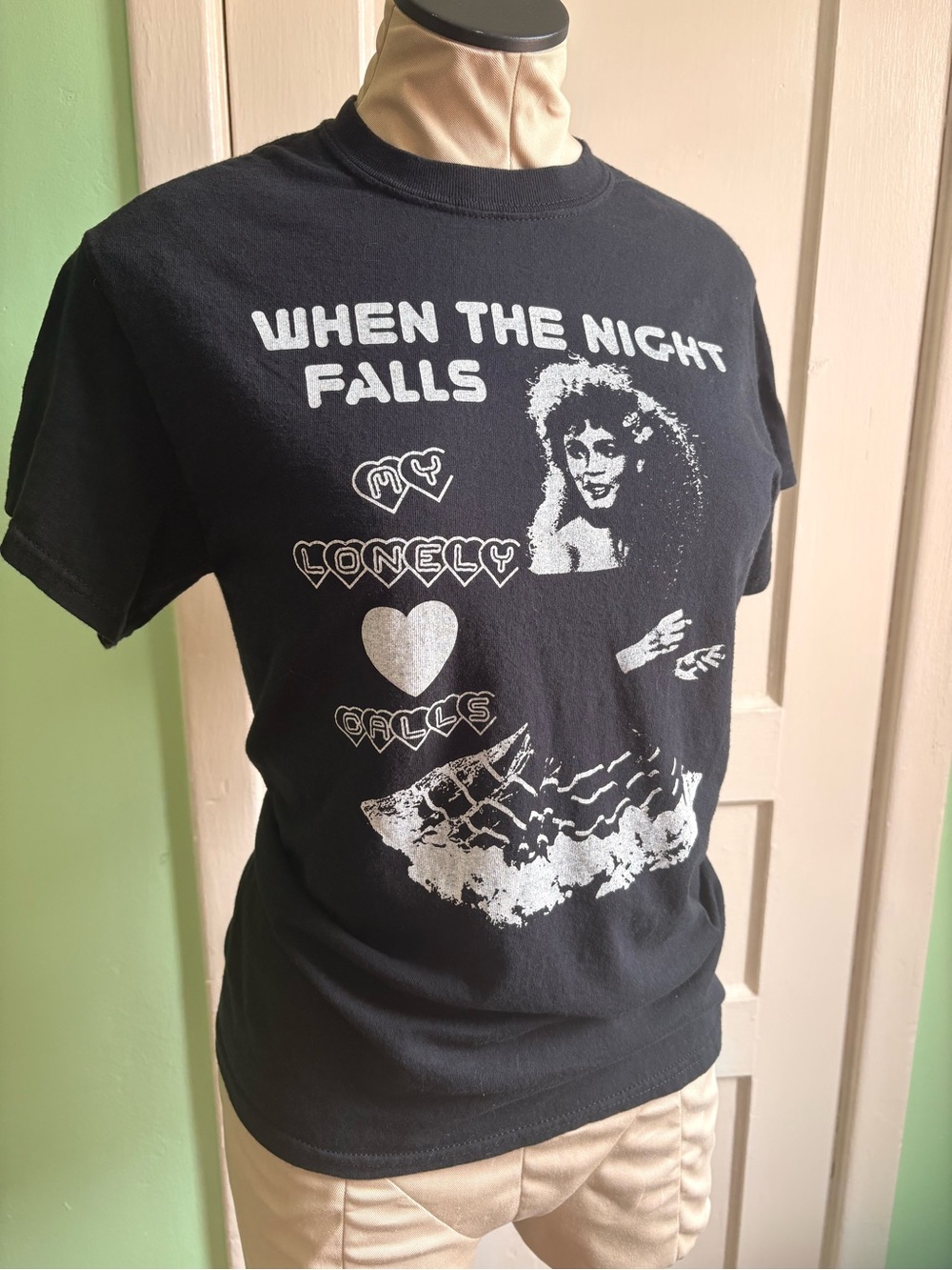 Whitney Houston Black Tee with White Graphic "When The Night Falls"